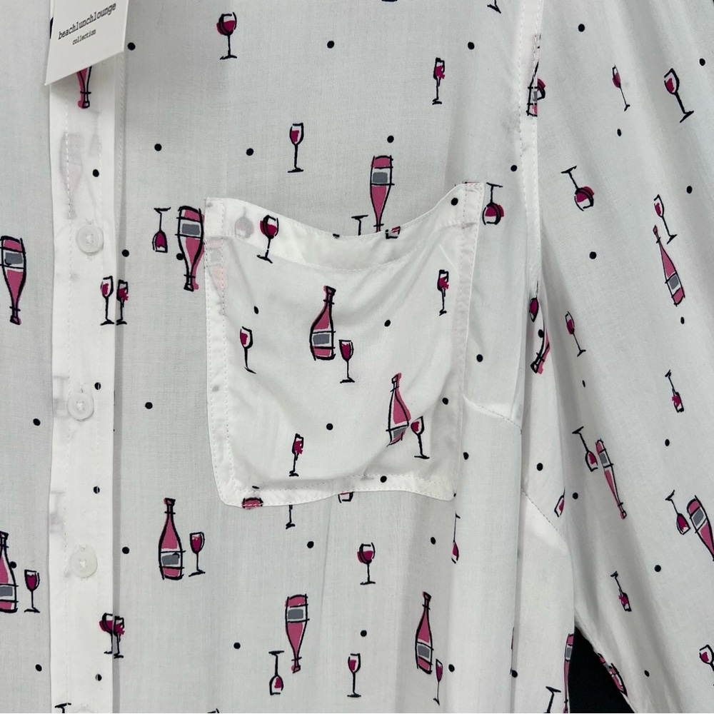 Beach Lunch Lounge Womens Top Wine Theme Print Long Roll Tab Sleeve Button Up - Picture 4 of 14